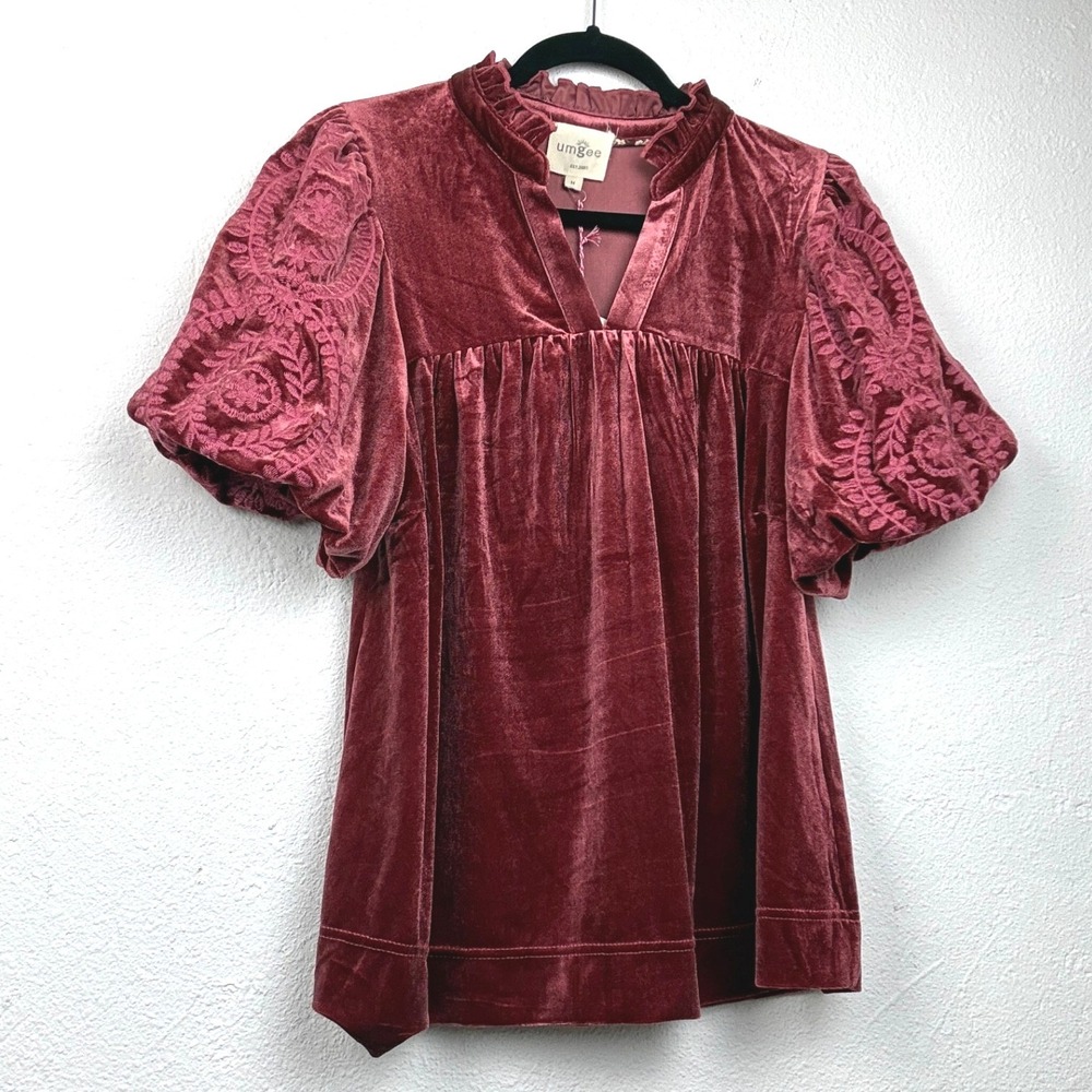 Umgee Burgundy Velvet Embroidered Top - M - Boho Holiday Romantic